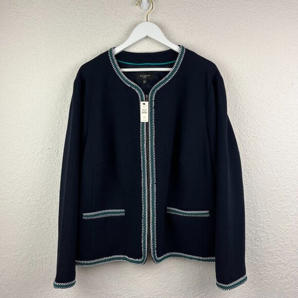 Talbots Braided Trim Jacket 24W Navy Blue Blazer Suit Full Zip Front Plus Size - Picture 3 of 9